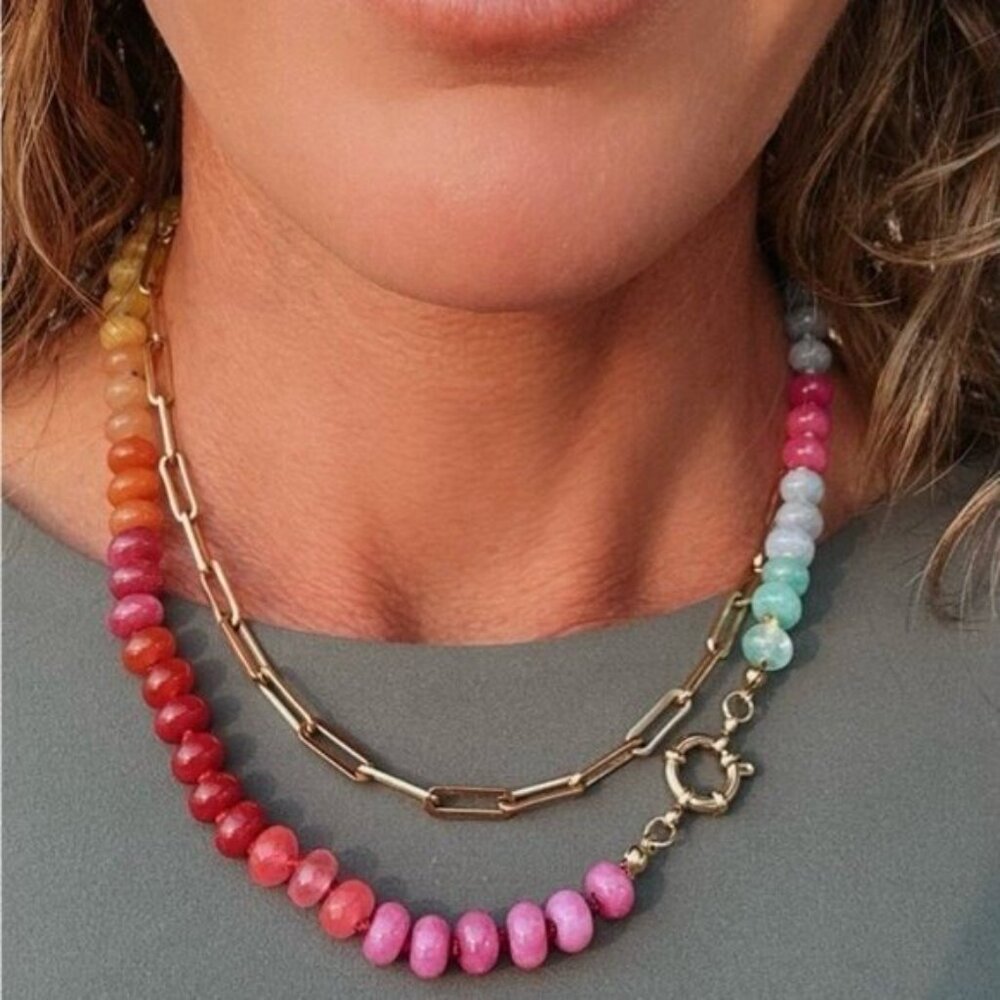 Rainbow Crystal Beaded Necklace 18K Gold Toggle Waterproof Boho Layering Jewelry - Picture 2 of 16